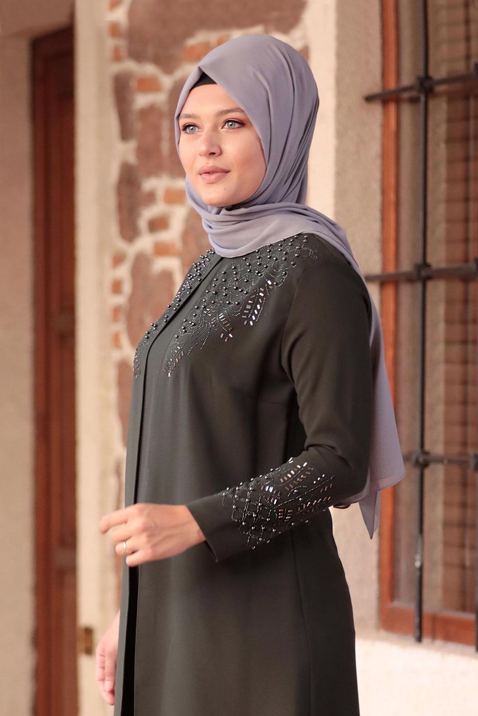 Tesettür giyim HAKİ BONCUK DETAYLI İŞLEMELİ ABİYE ELBİSE T 1911