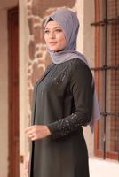 Tesettür giyim HAKİ BONCUK DETAYLI İŞLEMELİ ABİYE ELBİSE T 1911