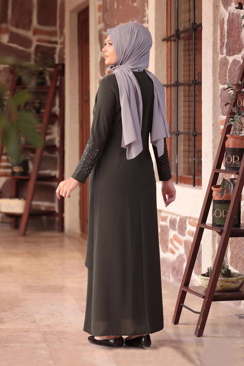 Tesettür giyim HAKİ BONCUK DETAYLI İŞLEMELİ ABİYE ELBİSE T 1911