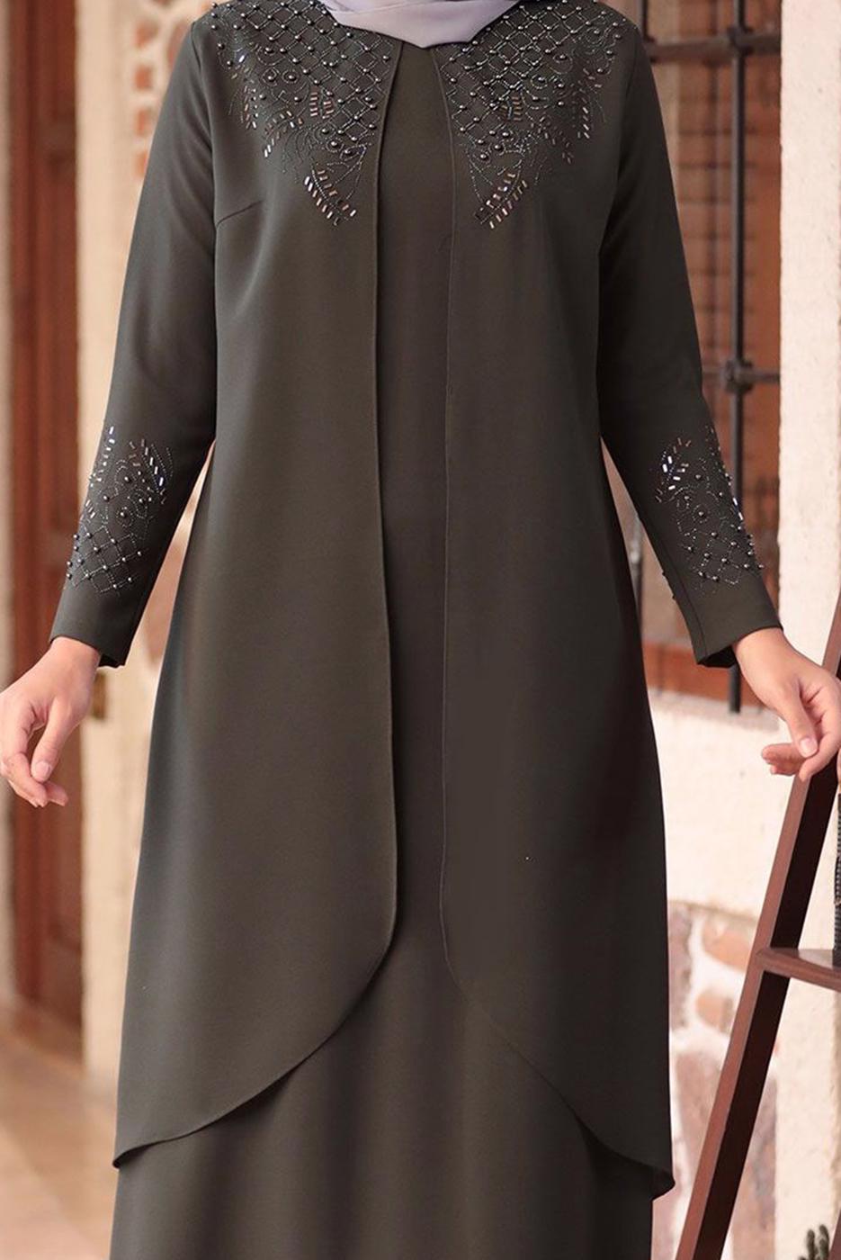 Tesettür giyim HAKİ BONCUK DETAYLI İŞLEMELİ ABİYE ELBİSE T 1911