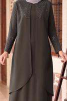 Tesettür giyim HAKİ BONCUK DETAYLI İŞLEMELİ ABİYE ELBİSE T 1911