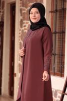 Tesettür giyim KAHVE BONCUK DETAYLI İŞLEMELİ ABİYE ELBİSE T 1911