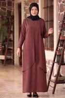 Tesettür giyim KAHVE BONCUK DETAYLI İŞLEMELİ ABİYE ELBİSE T 1911