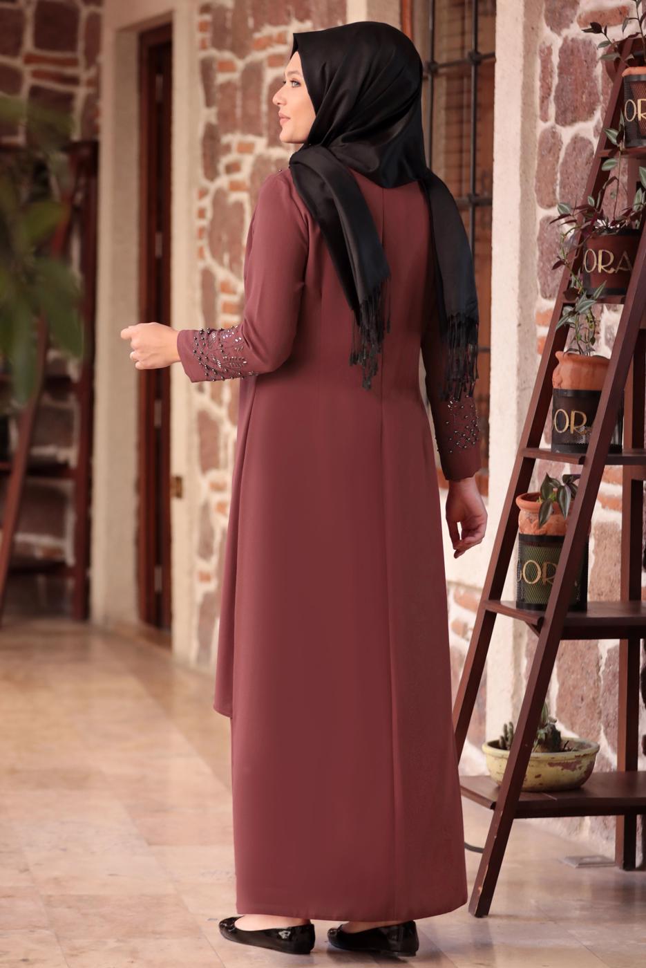 Tesettür giyim KAHVE BONCUK DETAYLI İŞLEMELİ ABİYE ELBİSE T 1911