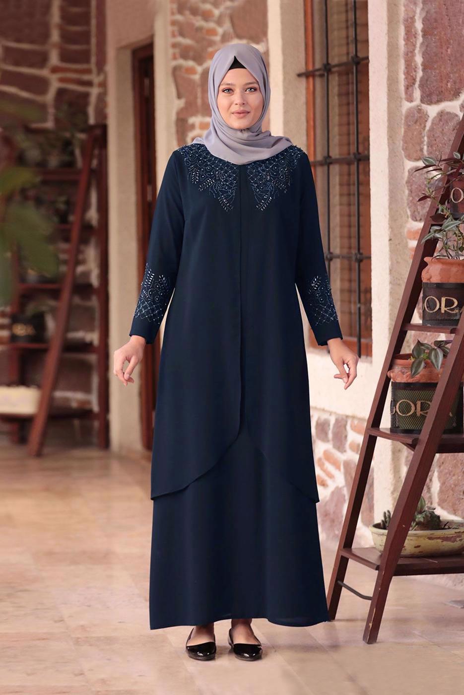 Hijab clothing NAVY BLUE BEAD DETAIL EMBROIDERED EVENING DRESS T 1911