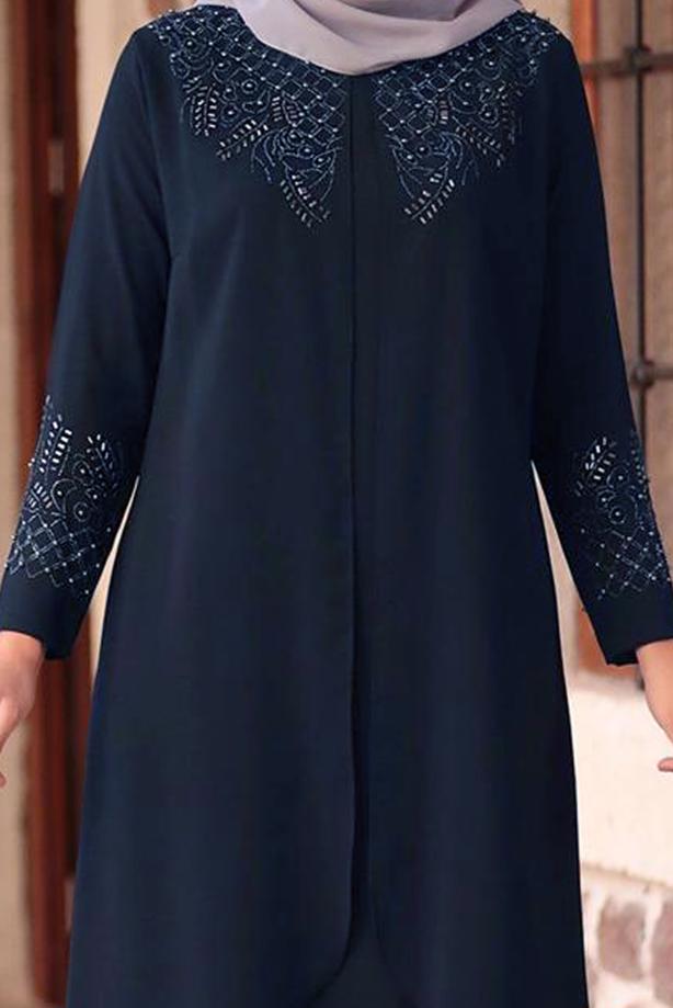Vêtements hijab BLEU MARINE ROBE DE SOIRÉE BRODÉE DÉTAIL PERLES T 1911 - TRENDTESETTÜR