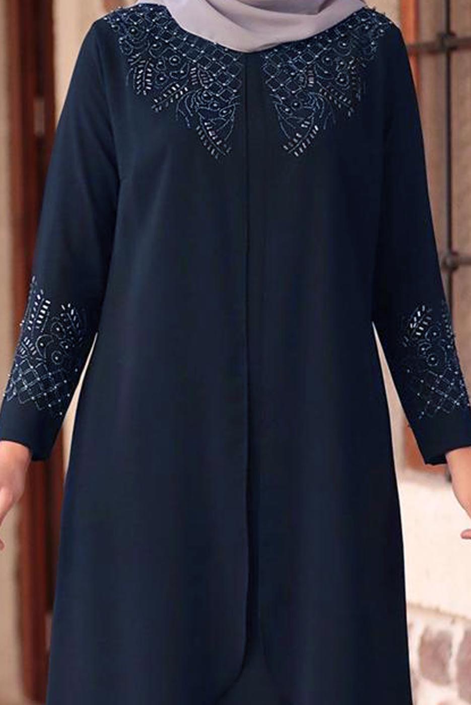 Hijab clothing NAVY BLUE BEAD DETAIL EMBROIDERED EVENING DRESS T 1911