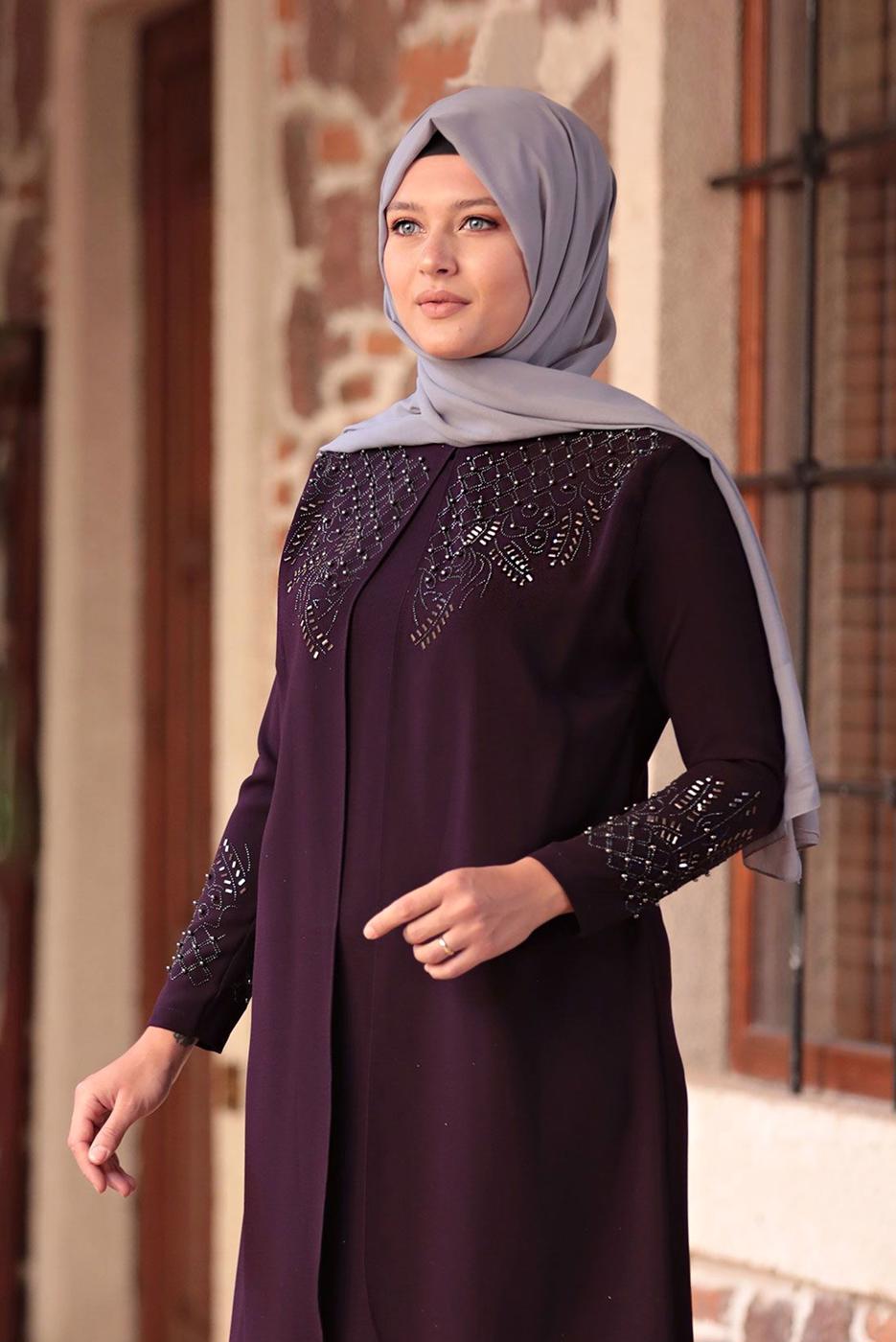 Tesettür giyim MÜRDÜM BONCUK DETAYLI İŞLEMELİ ABİYE ELBİSE T 1911