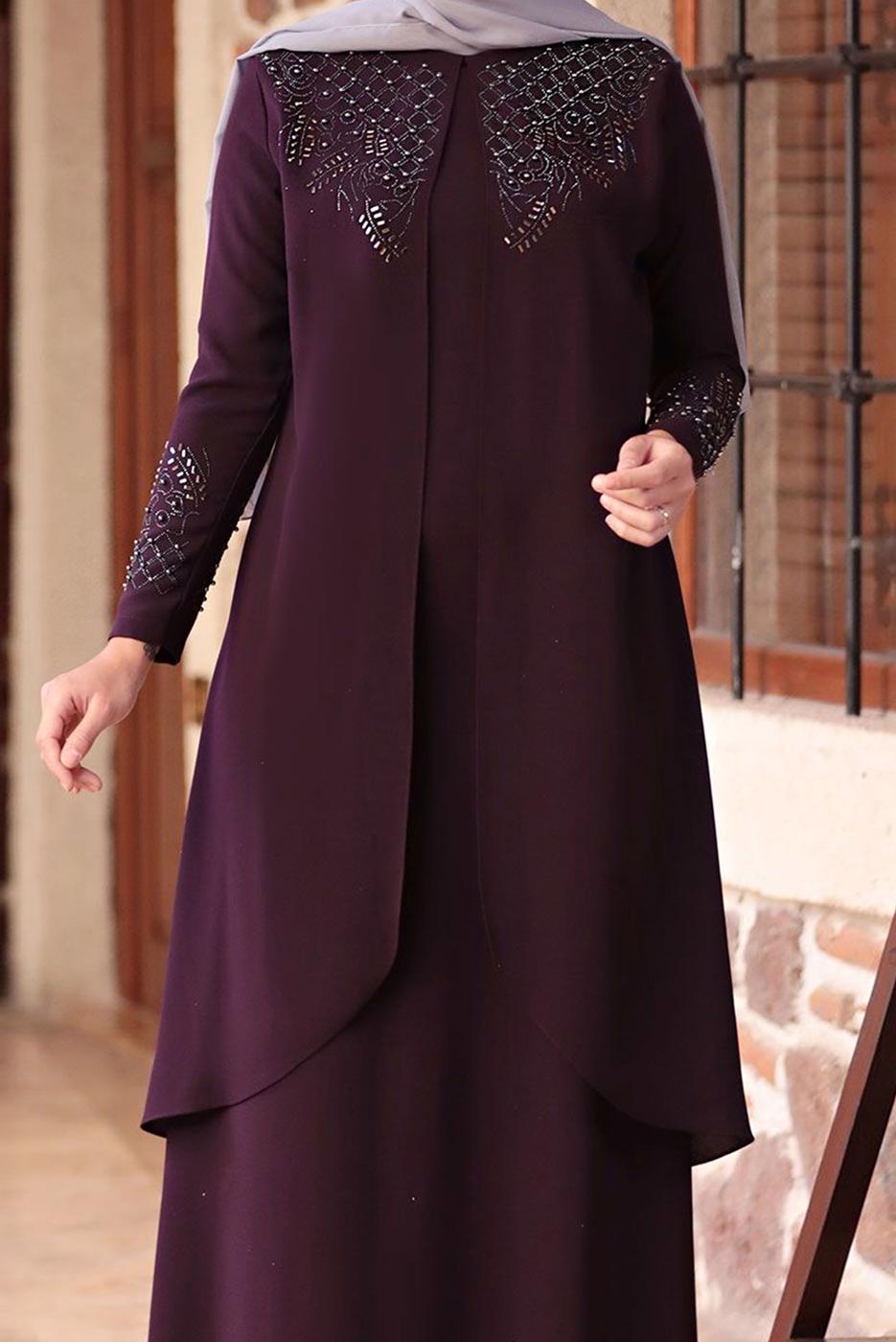 Tesettür giyim MÜRDÜM BONCUK DETAYLI İŞLEMELİ ABİYE ELBİSE T 1911