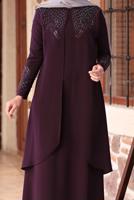 Tesettür giyim MÜRDÜM BONCUK DETAYLI İŞLEMELİ ABİYE ELBİSE T 1911