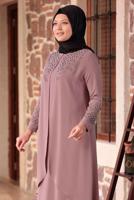 Tesettür giyim PUDRA BONCUK DETAYLI İŞLEMELİ ABİYE ELBİSE T 1911
