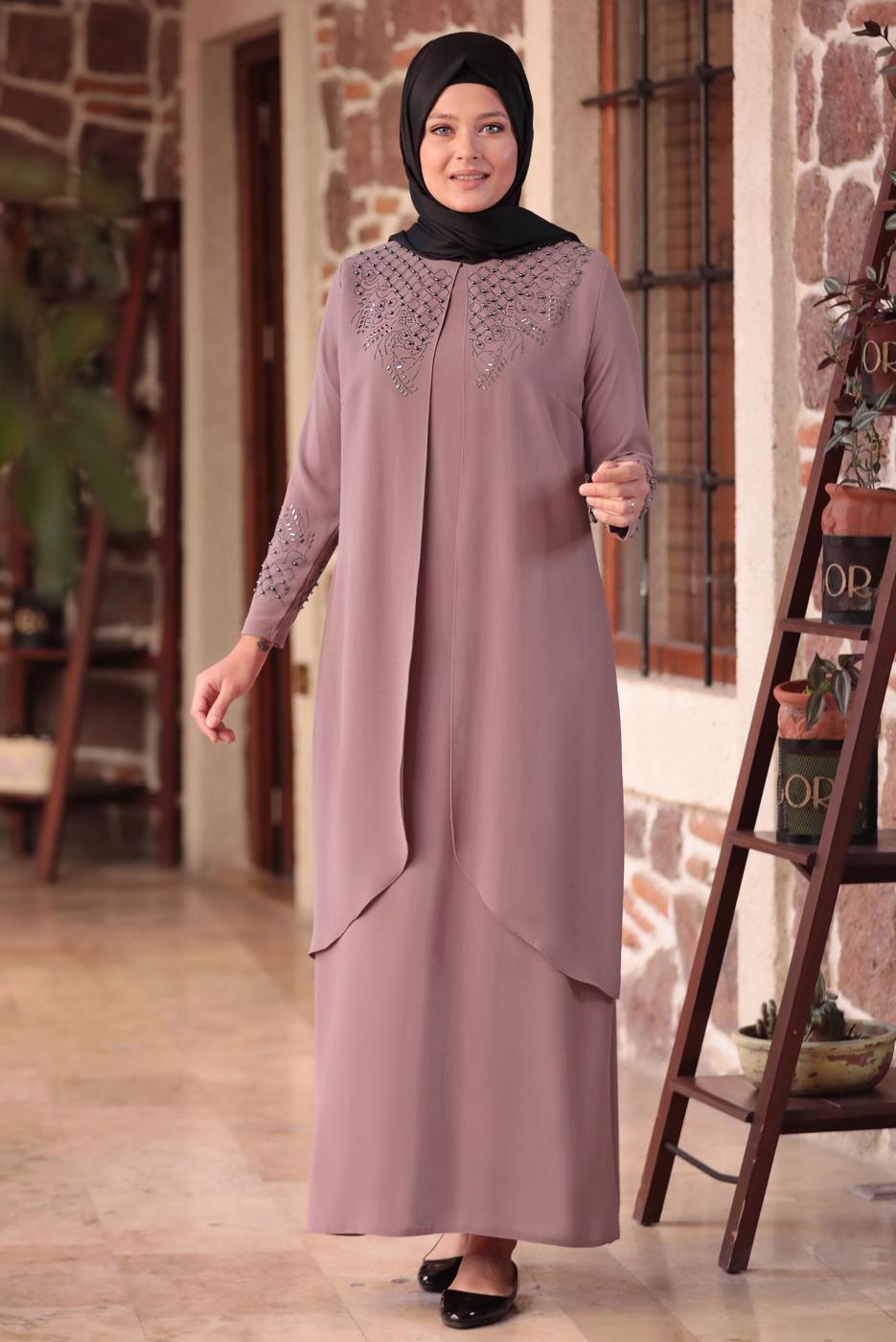 Tesettür giyim PUDRA BONCUK DETAYLI İŞLEMELİ ABİYE ELBİSE T 1911