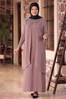 Tesettür giyim PUDRA BONCUK DETAYLI İŞLEMELİ ABİYE ELBİSE T 1911