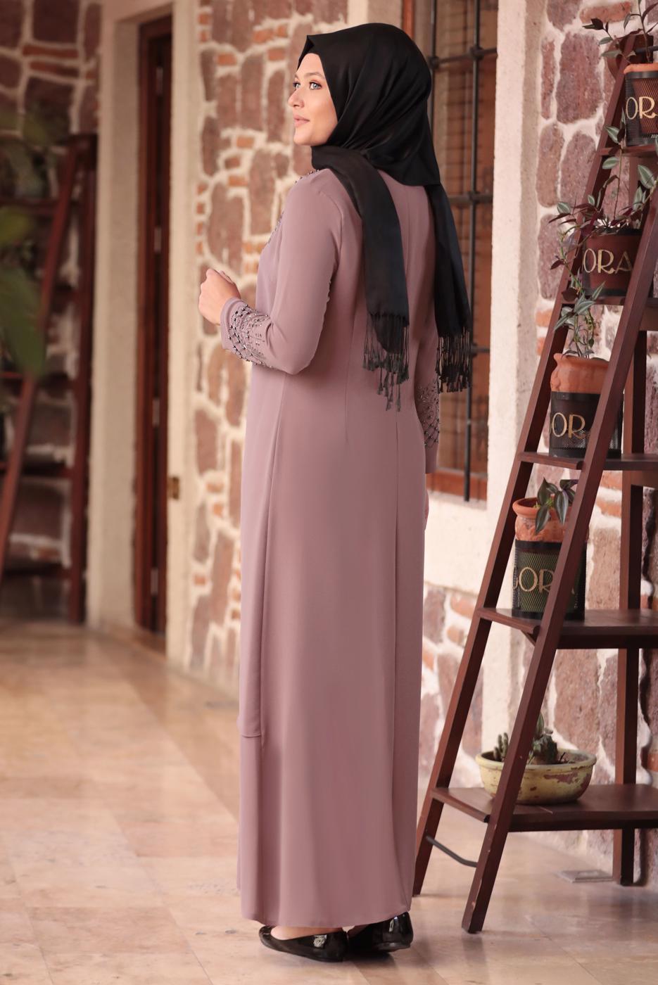 Tesettür giyim PUDRA BONCUK DETAYLI İŞLEMELİ ABİYE ELBİSE T 1911
