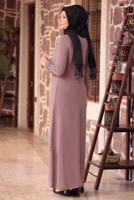 Tesettür giyim PUDRA BONCUK DETAYLI İŞLEMELİ ABİYE ELBİSE T 1911