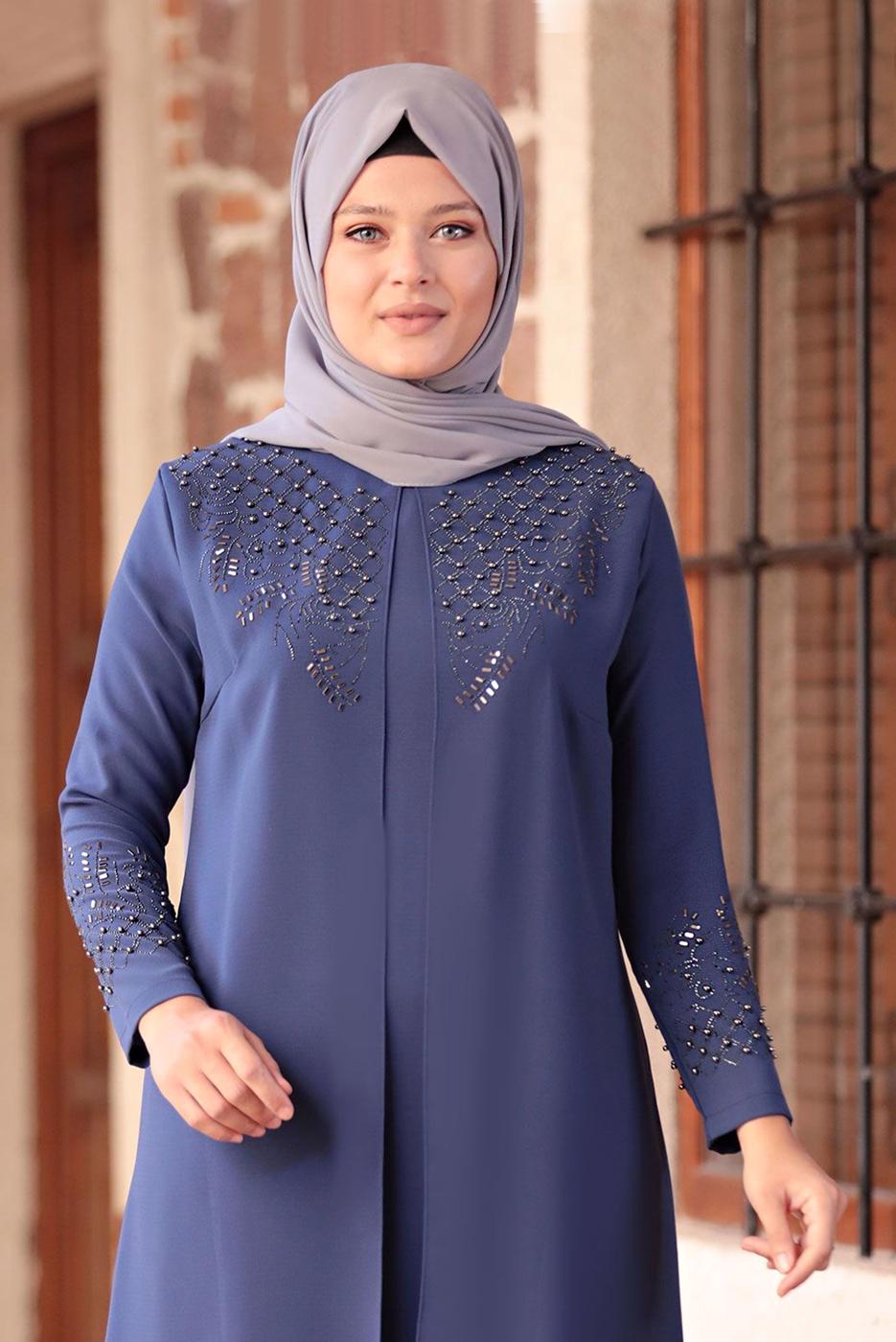 Tesettür giyim LACİVERT BONCUK DETAYLI İŞLEMELİ ABİYE ELBİSE T 1911