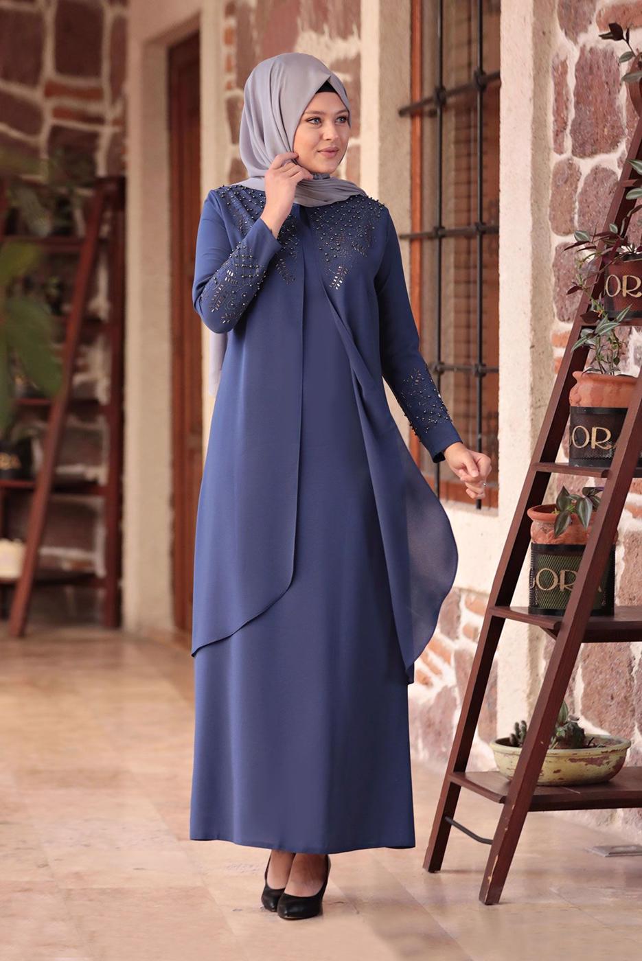 Tesettür giyim LACİVERT BONCUK DETAYLI İŞLEMELİ ABİYE ELBİSE T 1911