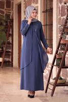 Tesettür giyim LACİVERT BONCUK DETAYLI İŞLEMELİ ABİYE ELBİSE T 1911