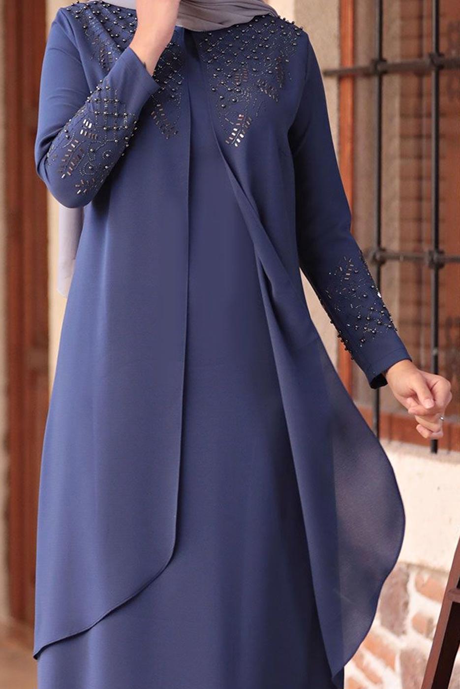Tesettür giyim LACİVERT BONCUK DETAYLI İŞLEMELİ ABİYE ELBİSE T 1911