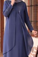 Tesettür giyim LACİVERT BONCUK DETAYLI İŞLEMELİ ABİYE ELBİSE T 1911