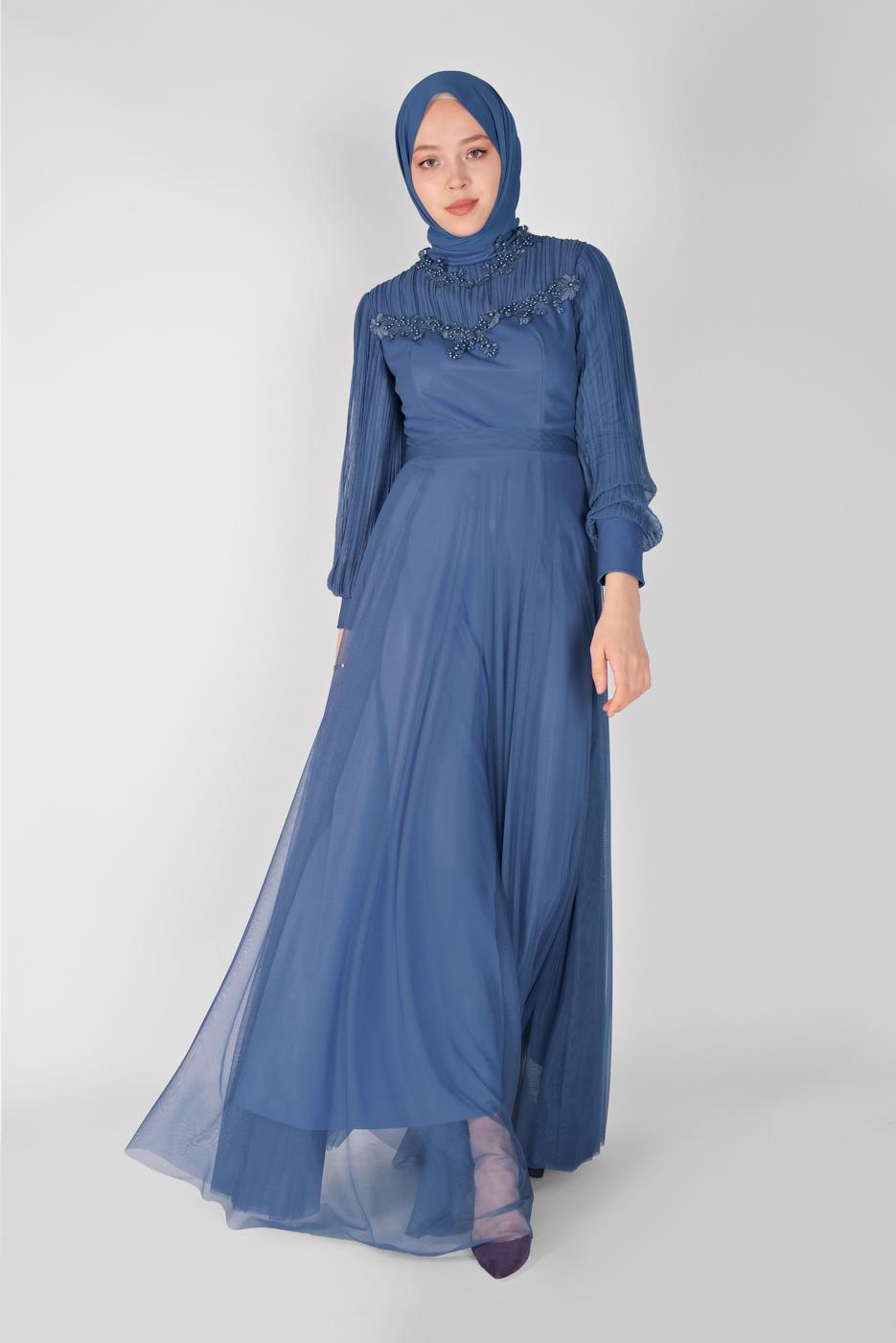 Hijab clothing NAVY BLUE PEARL EMBROIDERED NIGHT DRESS 23110 