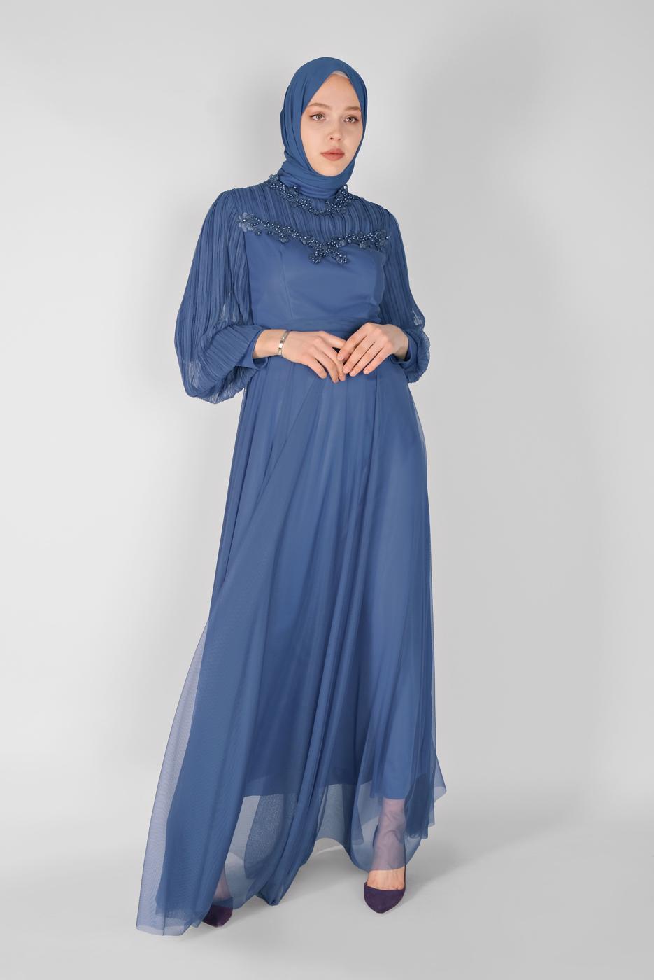 Hijab clothing NAVY BLUE PEARL EMBROIDERED NIGHT DRESS 23110 
