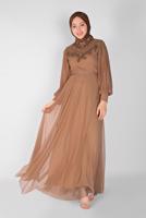Tesettür giyim KAHVE İNCİLİ NAKIŞLI ABİYE ELBİSE 23110 
