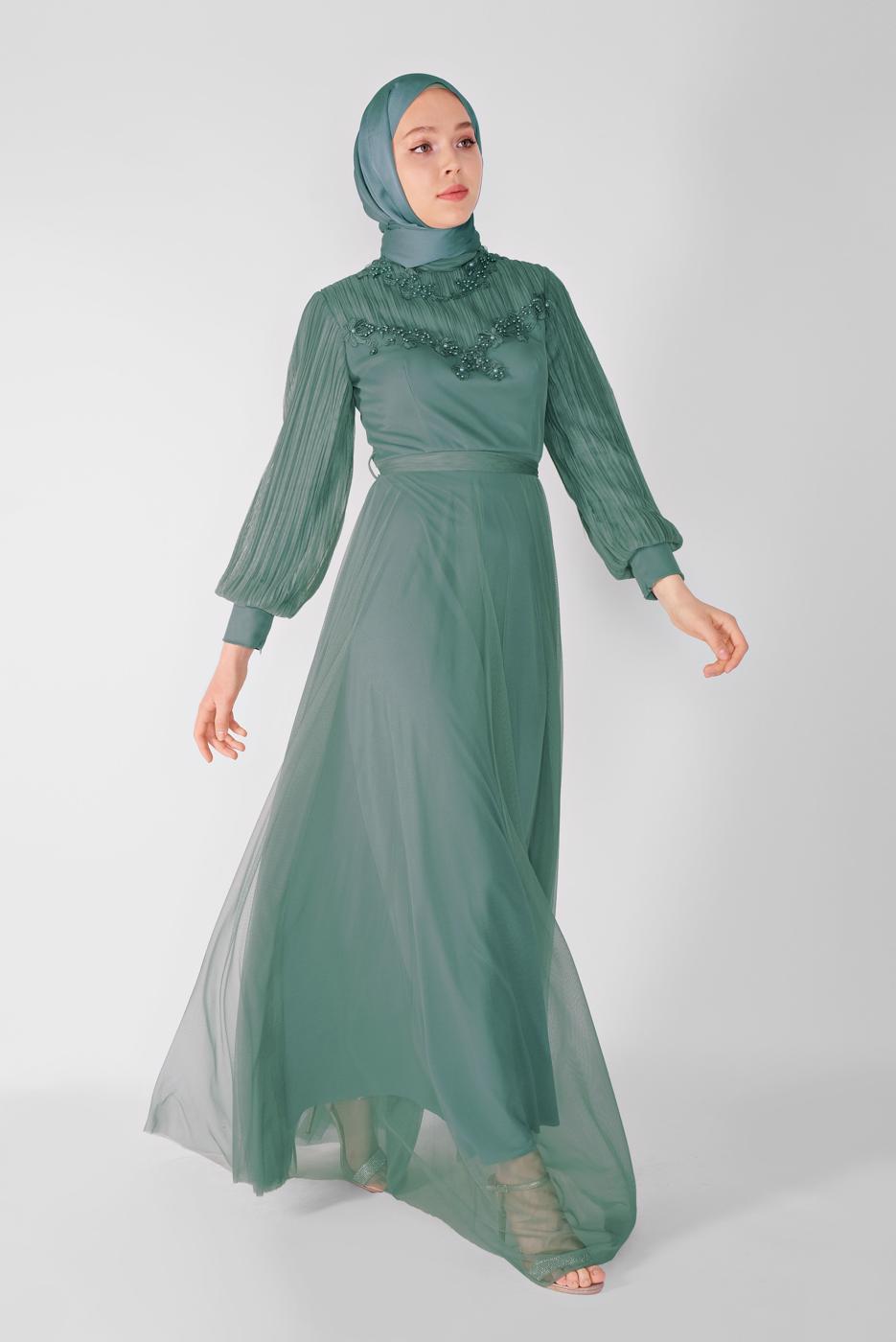 Vêtements hijab VERT ROBE DE NUIT BRODÉE PERLE  23110 