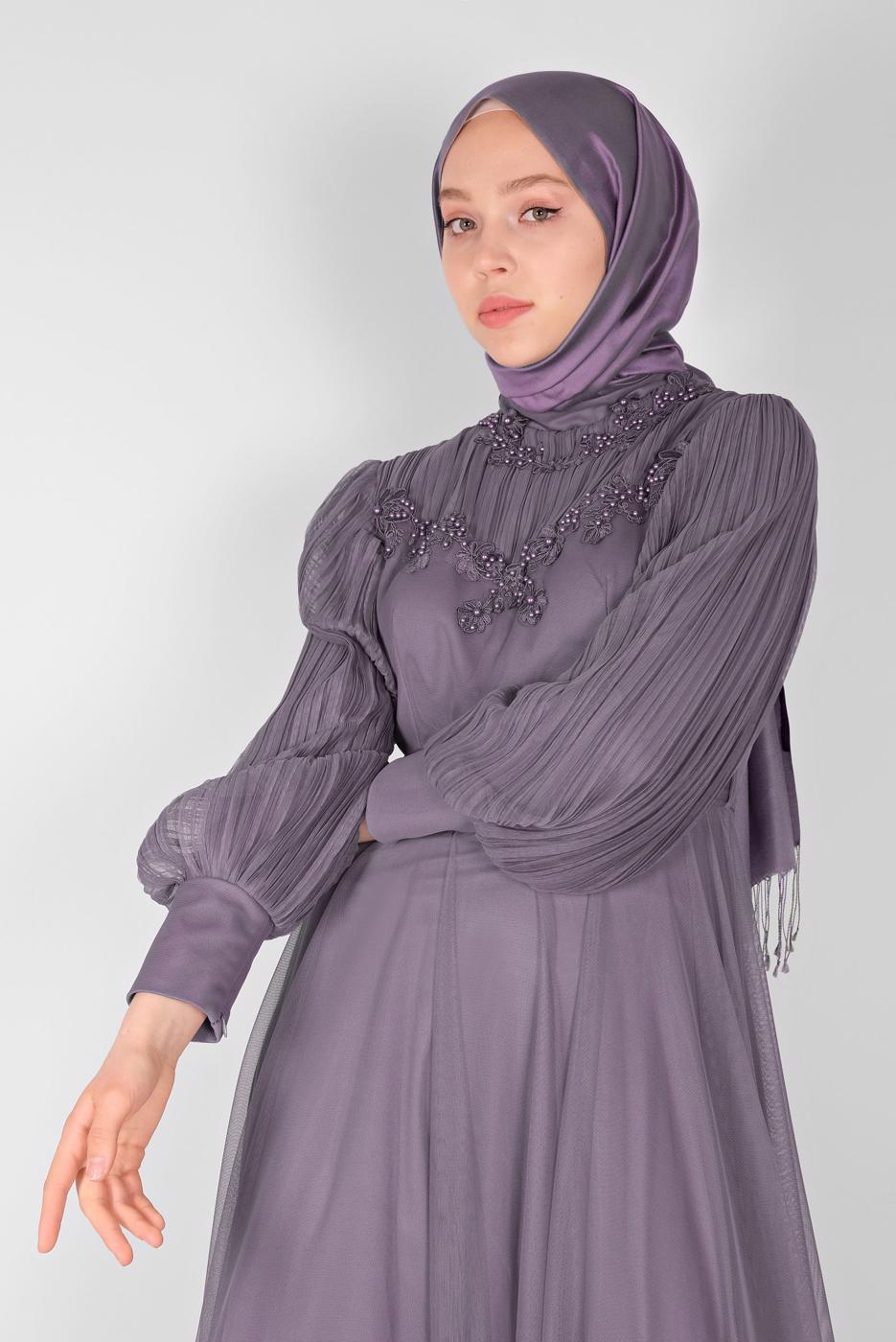 Tesettür giyim MOR İNCİLİ NAKIŞLI ABİYE ELBİSE 23110 