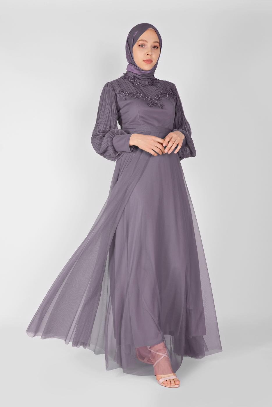 Tesettür giyim MOR İNCİLİ NAKIŞLI ABİYE ELBİSE 23110 