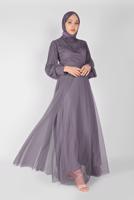 Tesettür giyim MOR İNCİLİ NAKIŞLI ABİYE ELBİSE 23110 