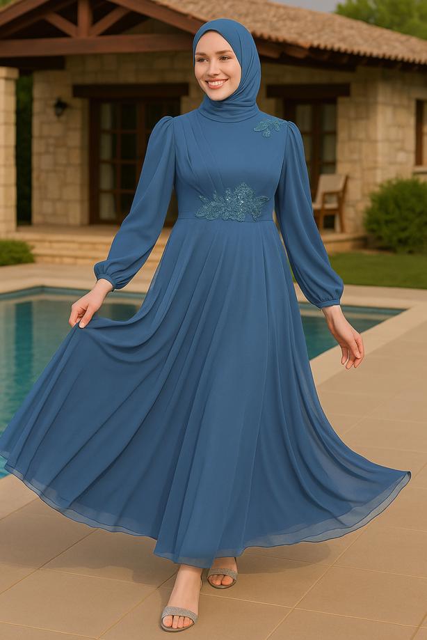 Vêtements hijab  EMBROIDERED TULLE DETAIL EVENING DRESS 33110  - TRENDTESETTÜR