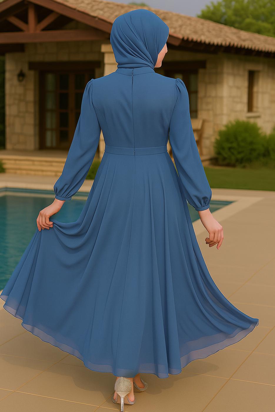 Vêtements hijab BLEU MARINE ROBE DE SOIRÉE BRODÉE DÉTAIL TULLE 33110