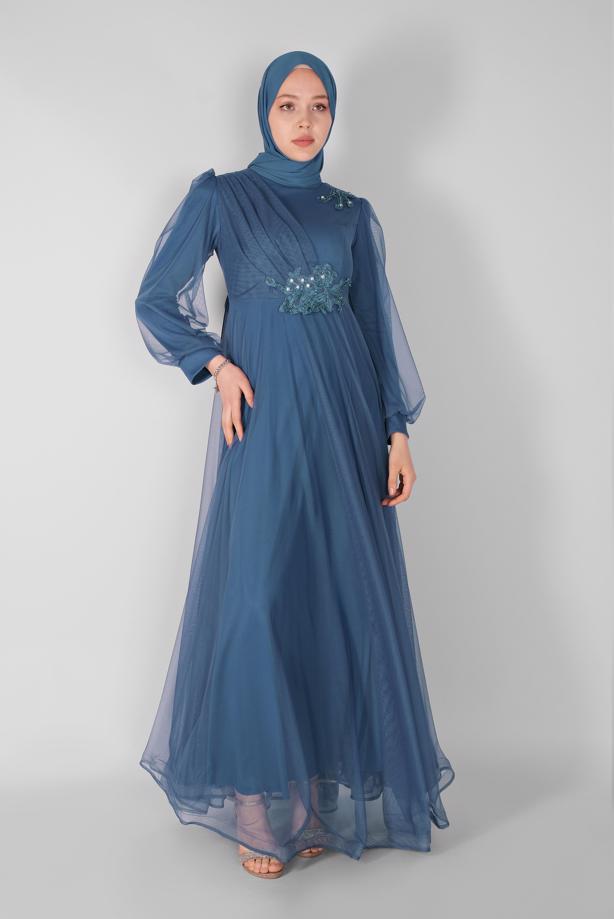 Vêtements hijab  EMBROIDERED TULLE DETAIL EVENING DRESS 33110  - TRENDTESETTÜR