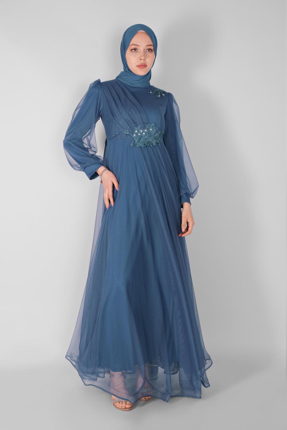 Vêtements hijab BLEU MARINE ROBE DE SOIRÉE BRODÉE DÉTAIL TULLE 33110