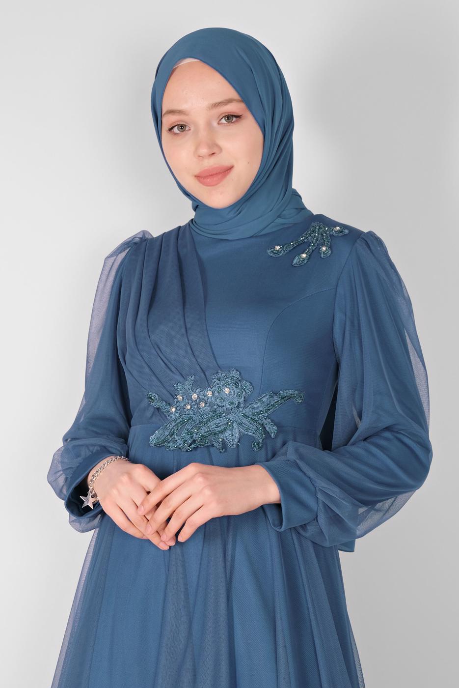 Vêtements hijab BLEU MARINE ROBE DE SOIRÉE BRODÉE DÉTAIL TULLE 33110