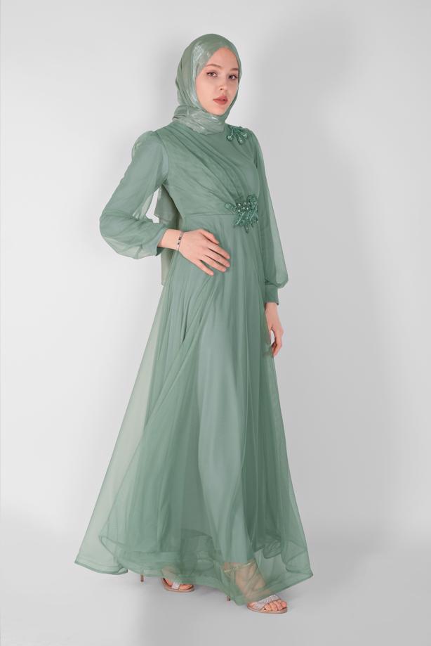 Vêtements hijab  EMBROIDERED TULLE DETAIL EVENING DRESS 33110  - TRENDTESETTÜR