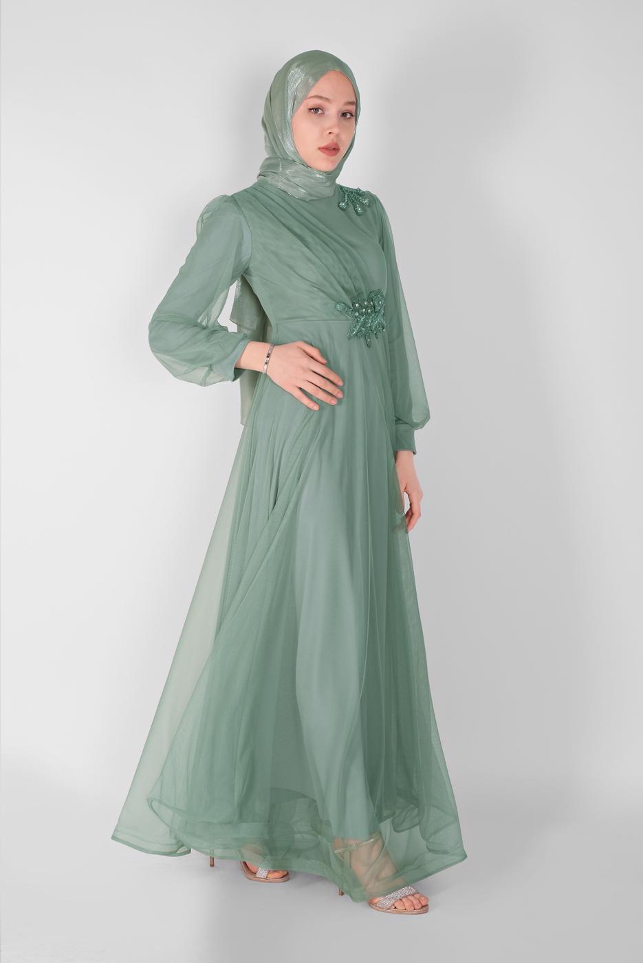 Hijab clothing GREEN EMBROIDERED TULLE DETAIL EVENING DRESS 33110 