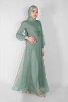 Hijab clothing GREEN EMBROIDERED TULLE DETAIL EVENING DRESS 33110 