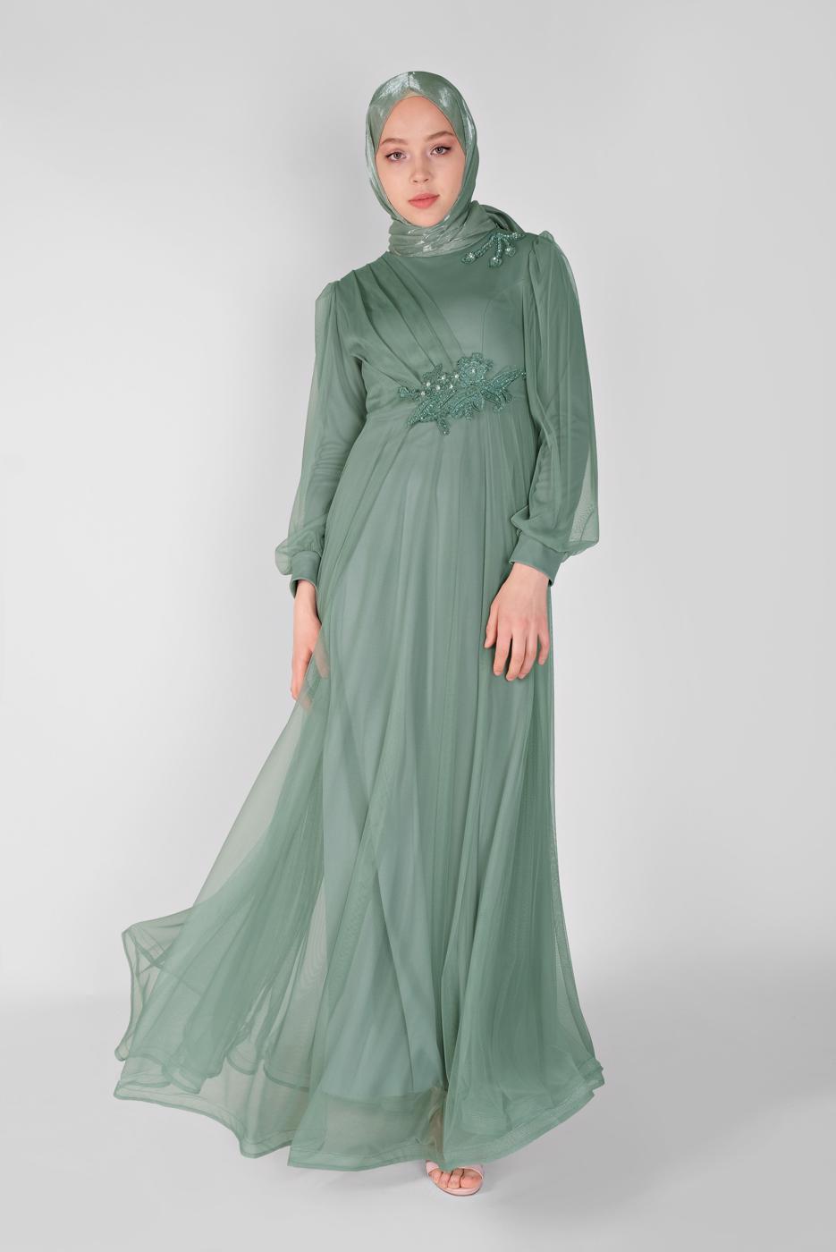 Hijab clothing GREEN EMBROIDERED TULLE DETAIL EVENING DRESS 33110 