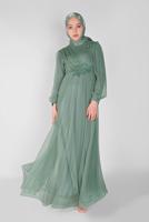 Hijab clothing GREEN EMBROIDERED TULLE DETAIL EVENING DRESS 33110 