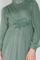 Hijab clothing GREEN EMBROIDERED TULLE DETAIL EVENING DRESS 33110 