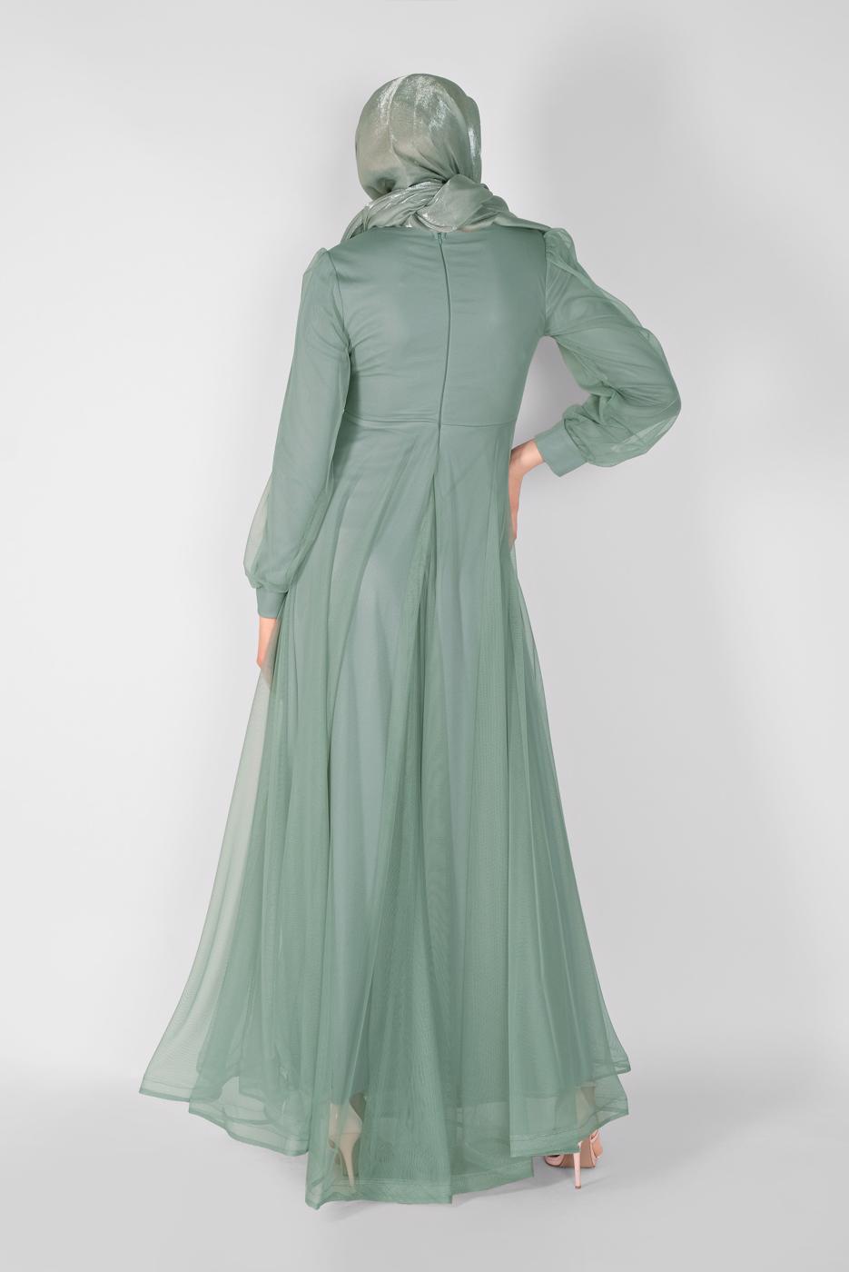 Hijab clothing GREEN EMBROIDERED TULLE DETAIL EVENING DRESS 33110 