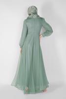 Hijab clothing GREEN EMBROIDERED TULLE DETAIL EVENING DRESS 33110 
