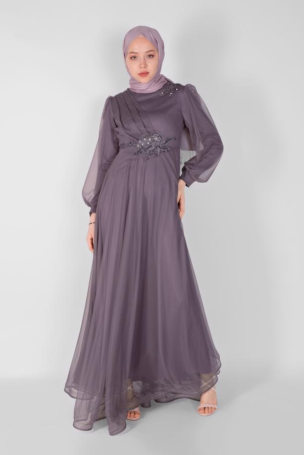 Vêtements hijab  EMBROIDERED TULLE DETAIL EVENING DRESS 33110  - TRENDTESETTÜR