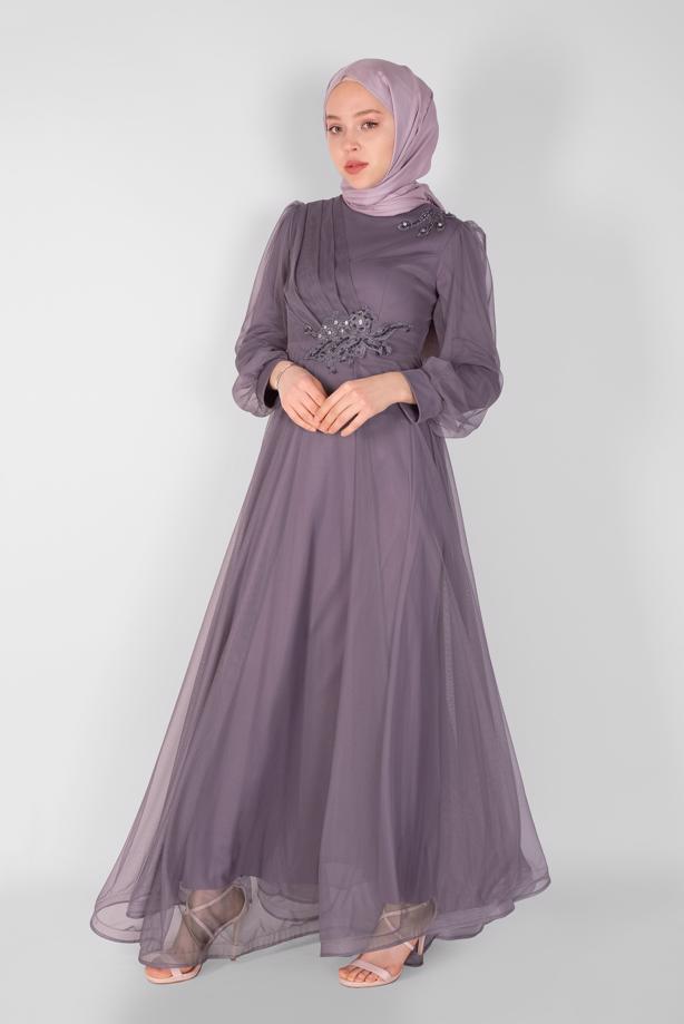 Vêtements hijab  EMBROIDERED TULLE DETAIL EVENING DRESS 33110  - TRENDTESETTÜR