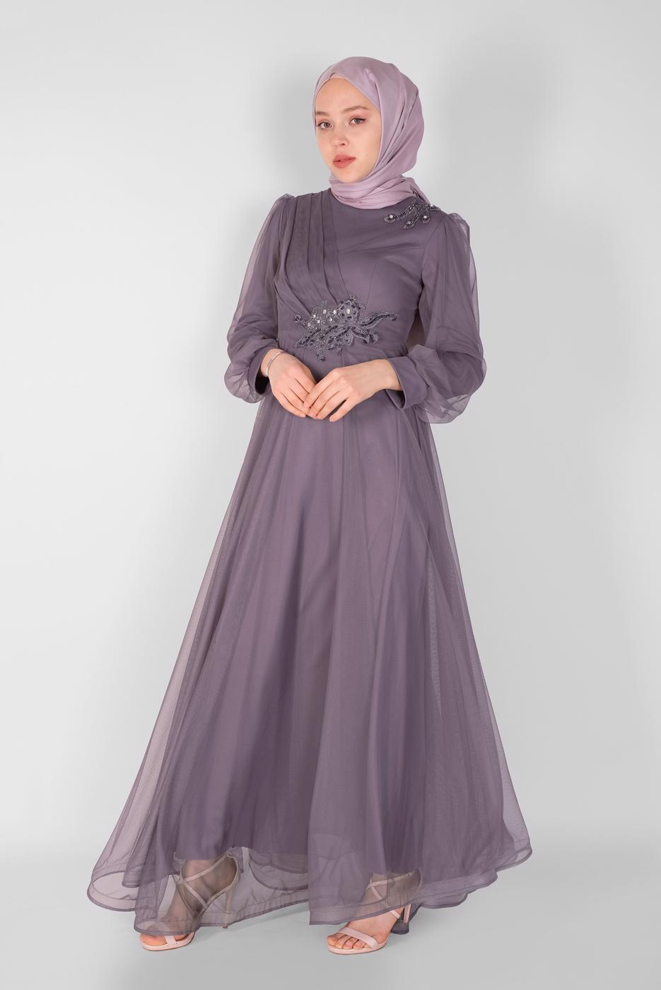 Hijab clothing PURPLE EMBROIDERED TULLE DETAIL EVENING DRESS 33110 