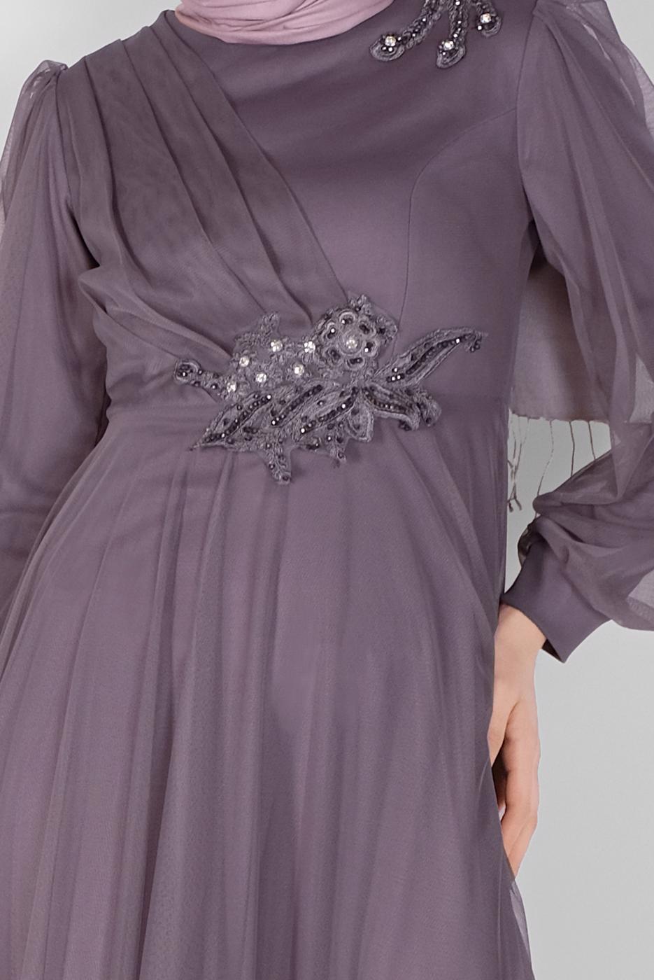 Hijab clothing PURPLE EMBROIDERED TULLE DETAIL EVENING DRESS 33110 