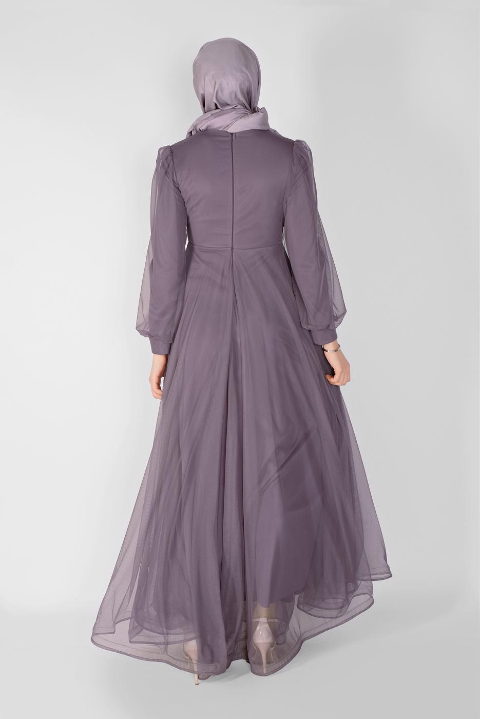 Hijab clothing PURPLE EMBROIDERED TULLE DETAIL EVENING DRESS 33110 