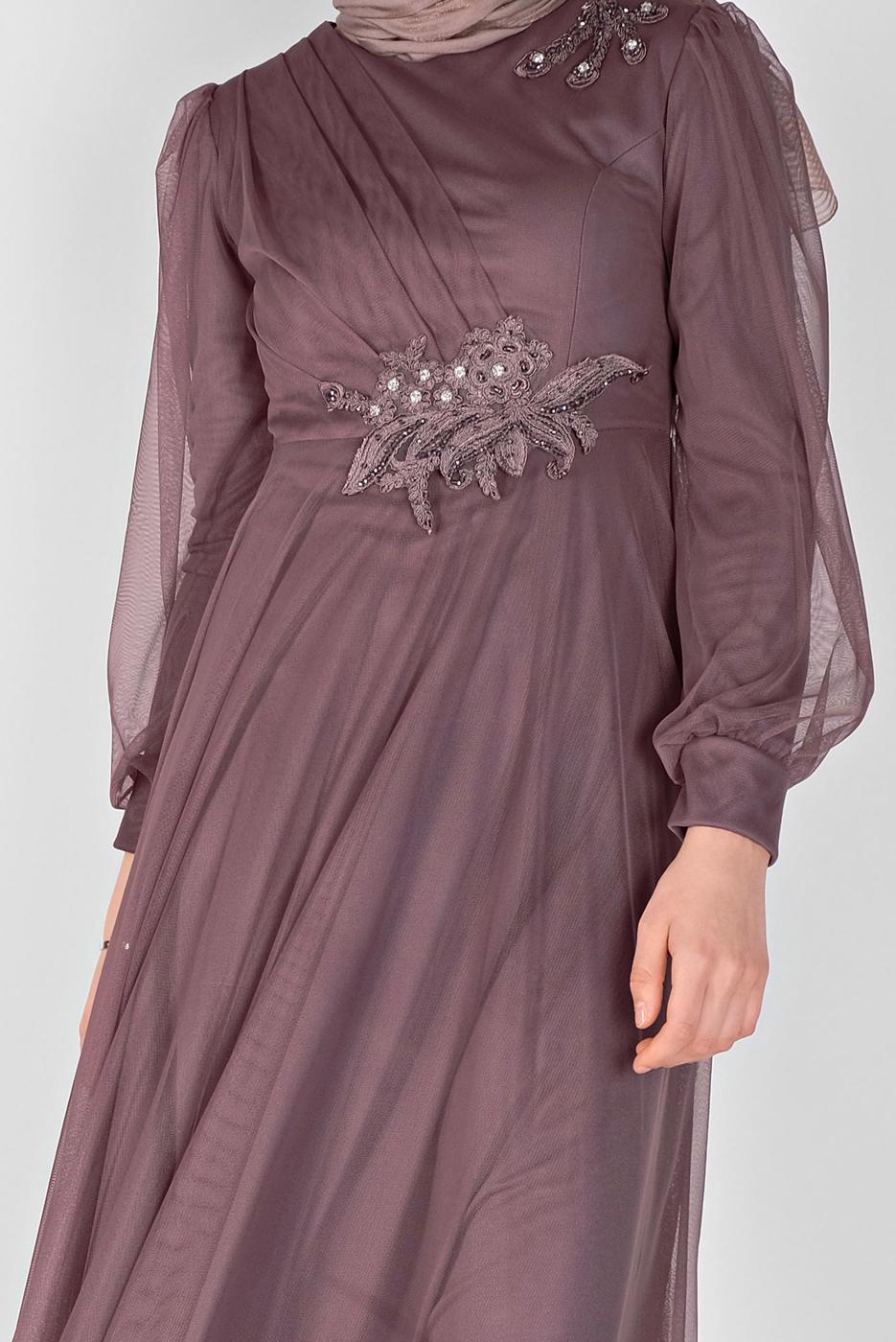 Hijab clothing PINK EMBROIDERED TULLE DETAIL EVENING DRESS 33110 